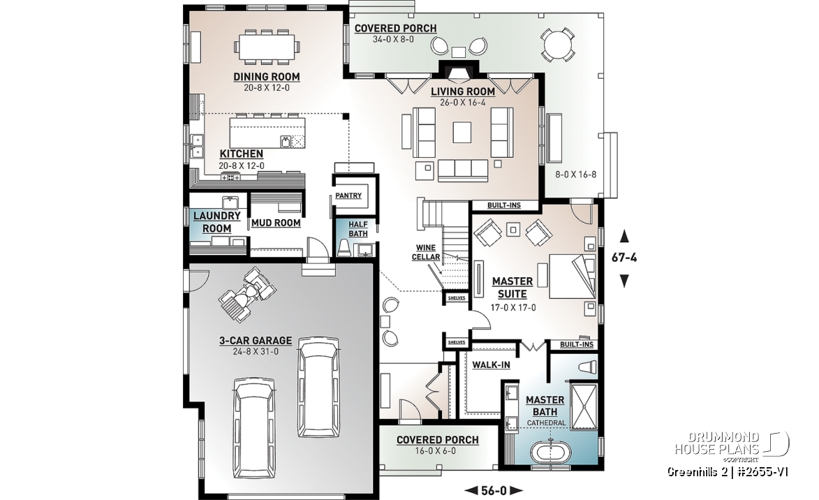 1st level - Modern farmhouse plan, 4 bedrooms, master suite, 3-car garage, fireplace, large kitchen, pantry, laundry room - Greenhills 2