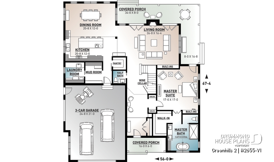 1st level - Modern farmhouse plan, 4 bedrooms, master suite, 3-car garage, fireplace, large kitchen, pantry, laundry room - Greenhills 2