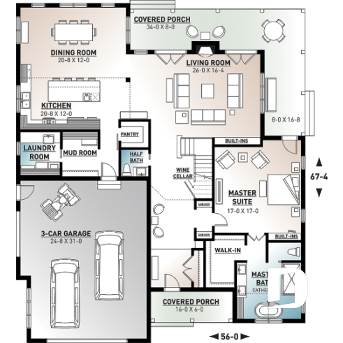 1st level - Modern farmhouse plan, 4 bedrooms, master suite, 3-car garage, fireplace, large kitchen, pantry, laundry room - Greenhills 2