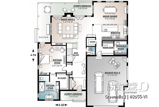 1st level - Modern farmhouse plan, 4 bedrooms, master suite, 3-car garage, fireplace, large kitchen, pantry, laundry room - Greenhills 2