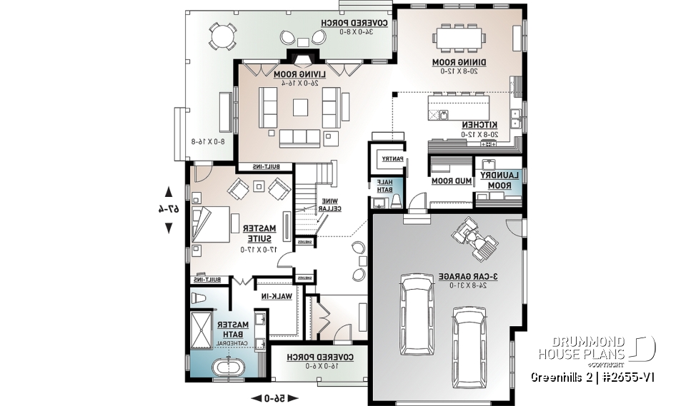 1st level - Modern farmhouse plan, 4 bedrooms, master suite, 3-car garage, fireplace, large kitchen, pantry, laundry room - Greenhills 2