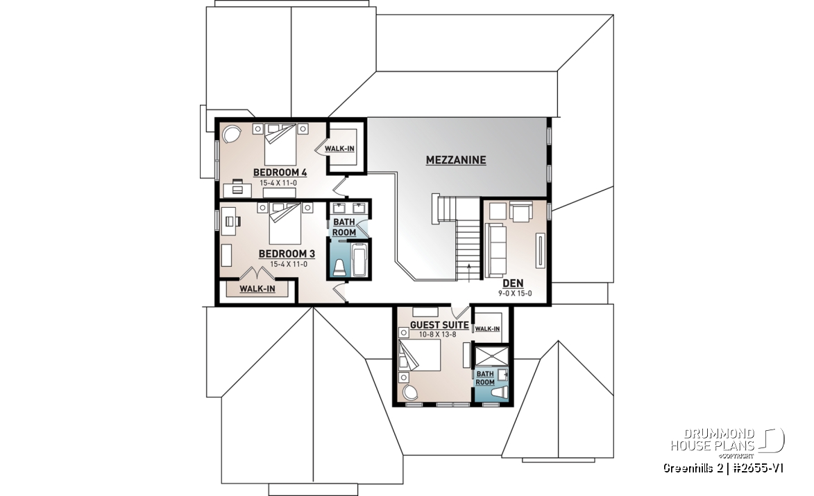2nd level - Modern farmhouse plan, 4 bedrooms, master suite, 3-car garage, fireplace, large kitchen, pantry, laundry room - Greenhills 2