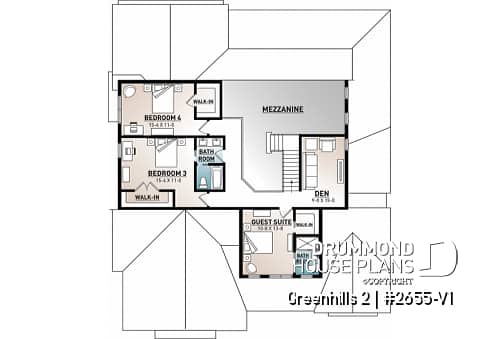 2nd level - Modern farmhouse plan, 4 bedrooms, master suite, 3-car garage, fireplace, large kitchen, pantry, laundry room - Greenhills 2