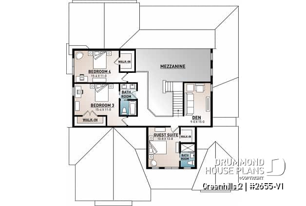 2nd level - Modern farmhouse plan, 4 bedrooms, master suite, 3-car garage, fireplace, large kitchen, pantry, laundry room - Greenhills 2