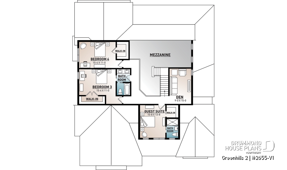 2nd level - Modern farmhouse plan, 4 bedrooms, master suite, 3-car garage, fireplace, large kitchen, pantry, laundry room - Greenhills 2