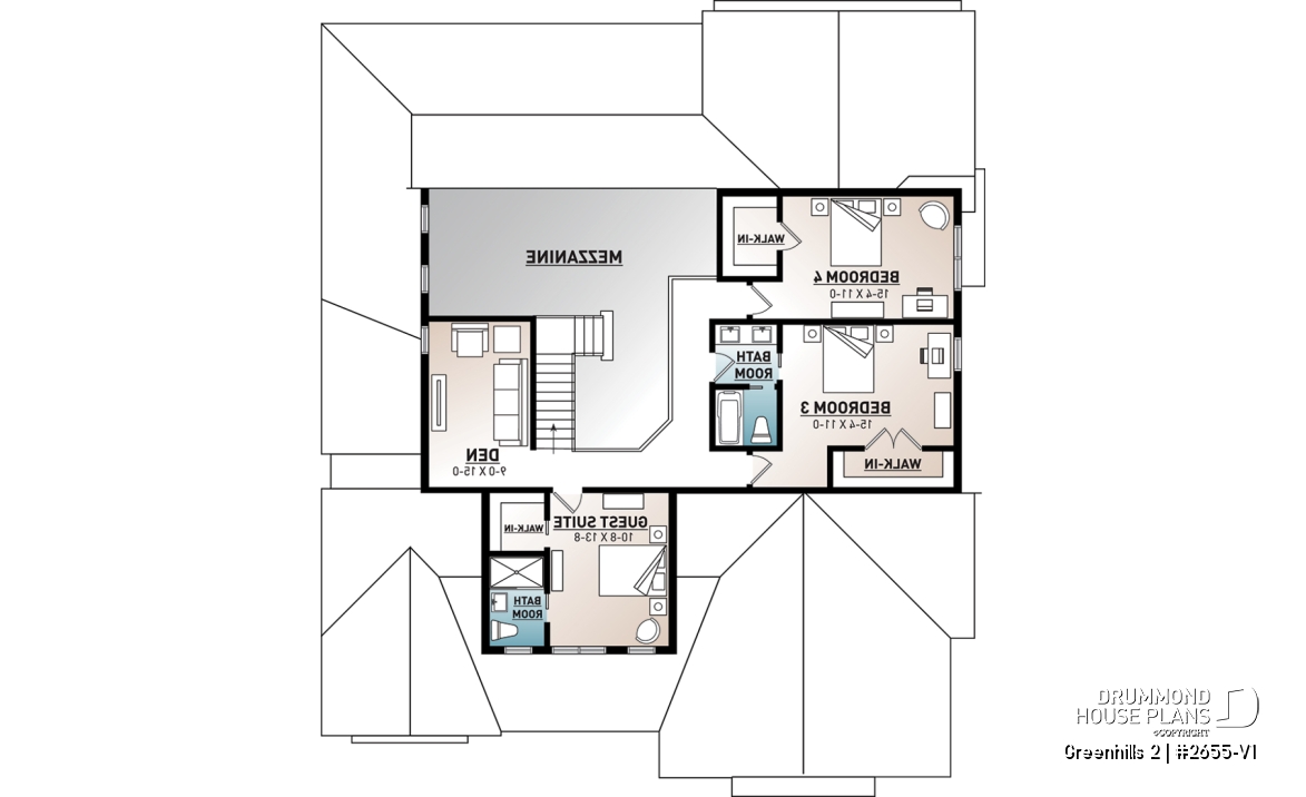 2nd level - Modern farmhouse plan, 4 bedrooms, master suite, 3-car garage, fireplace, large kitchen, pantry, laundry room - Greenhills 2