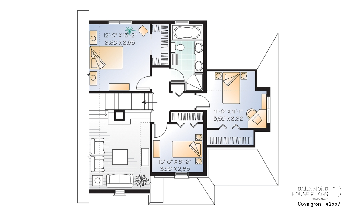 2nd level - English Manor style house plan with garage, 3 bedrooms, living room with fireplace, pantry in kitchen - Covington