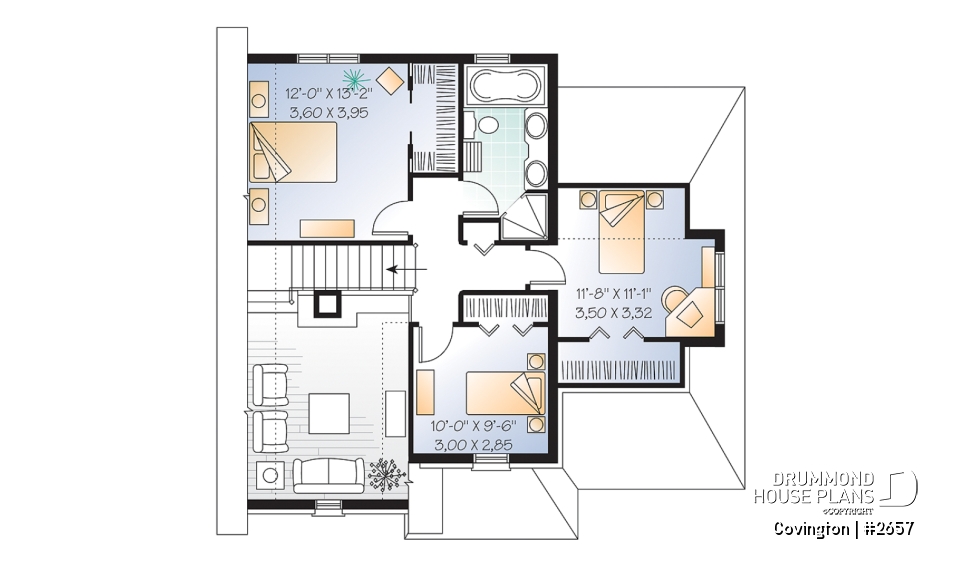 2nd level - English Manor style house plan with garage, 3 bedrooms, living room with fireplace, pantry in kitchen - Covington