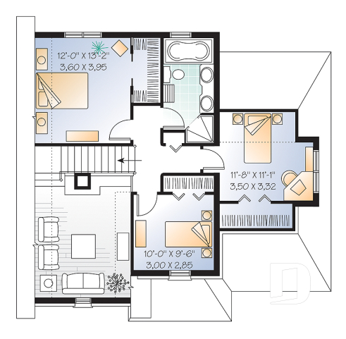 2nd level - English Manor style house plan with garage, 3 bedrooms, living room with fireplace, pantry in kitchen - Covington