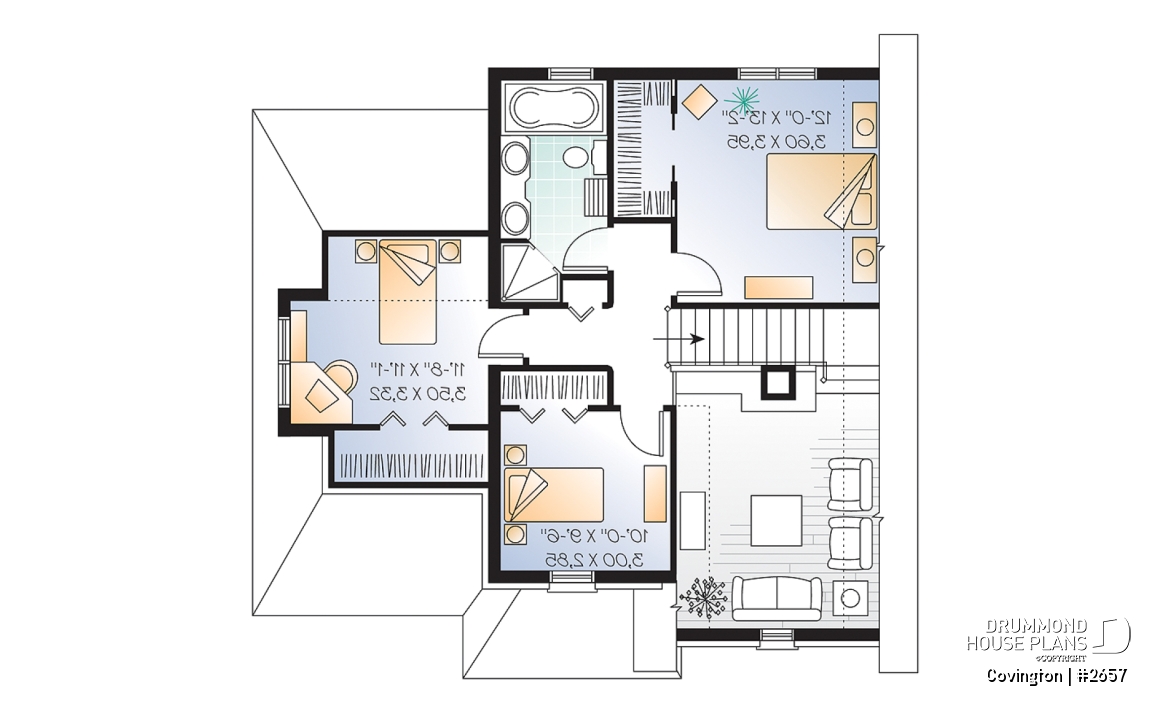 2nd level - English Manor style house plan with garage, 3 bedrooms, living room with fireplace, pantry in kitchen - Covington