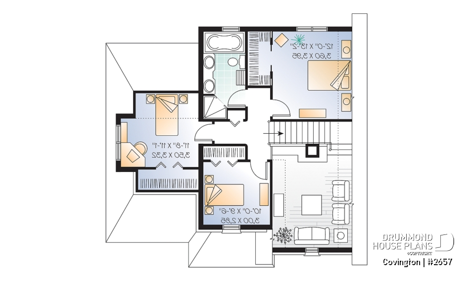 2nd level - English Manor style house plan with garage, 3 bedrooms, living room with fireplace, pantry in kitchen - Covington