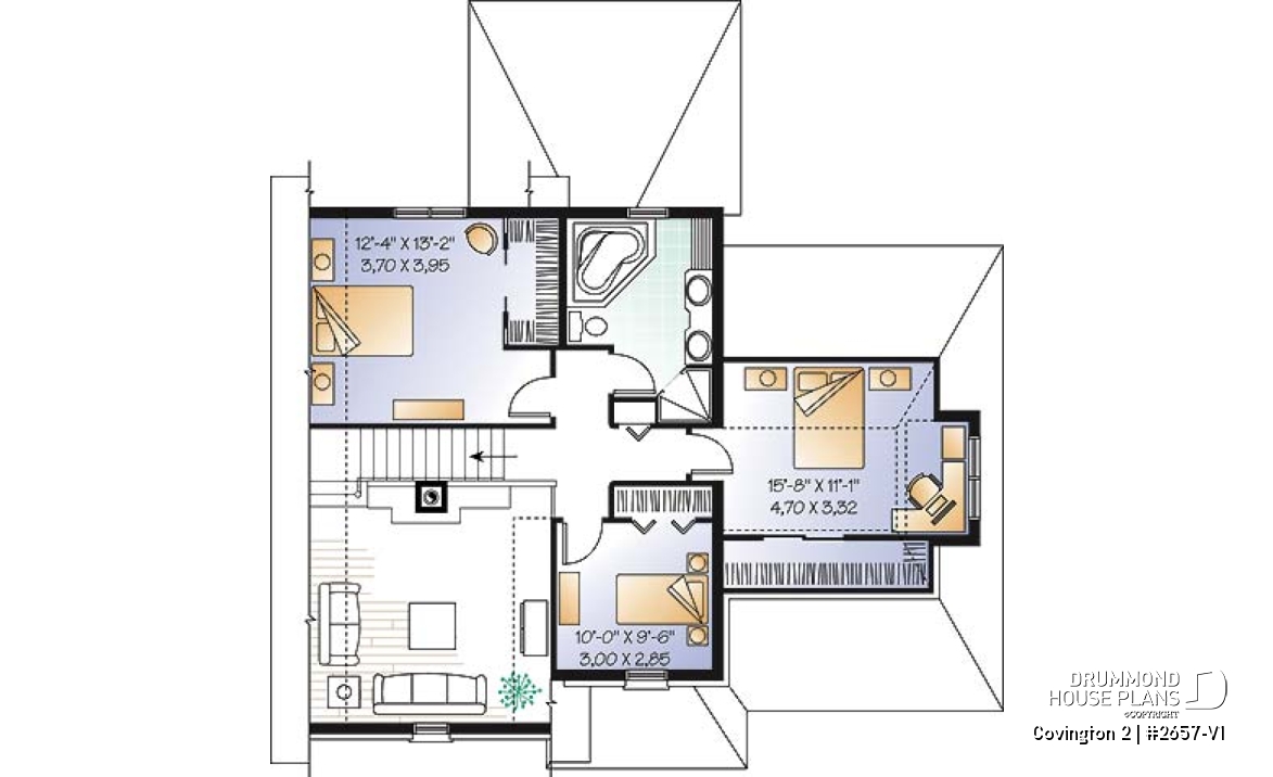 2nd level - 3 bedroom manor style home design with mezzanine, fireplace and garage, covered rear terrace - Covington 2