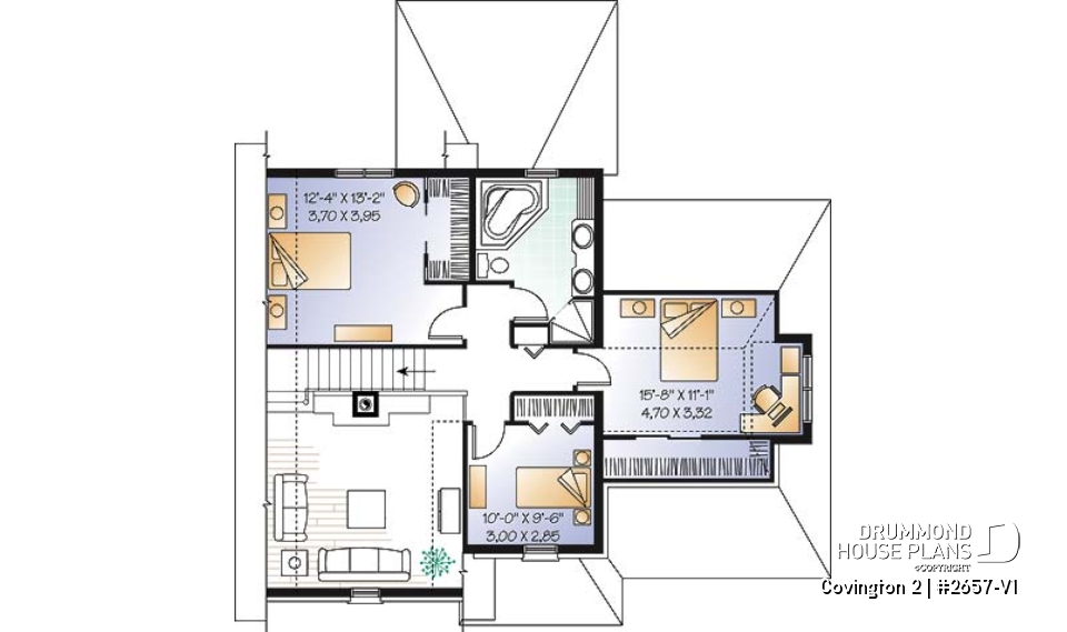 2nd level - 3 bedroom manor style home design with mezzanine, fireplace and garage, covered rear terrace - Covington 2