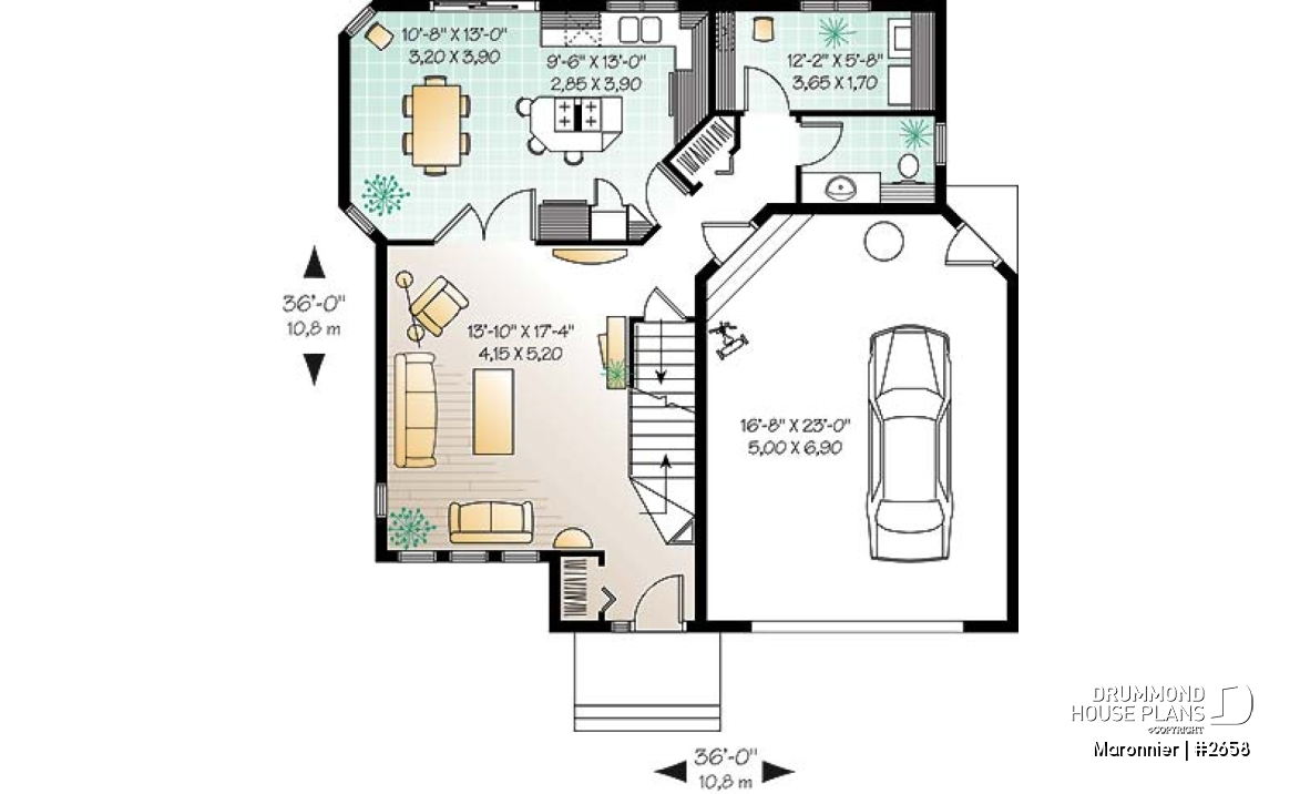 1st level - 3 bedroom modern style house plan with 2-car garage, open floor plan - Maronnier