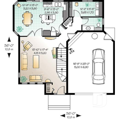 1st level - 3 bedroom modern style house plan with 2-car garage, open floor plan - Maronnier