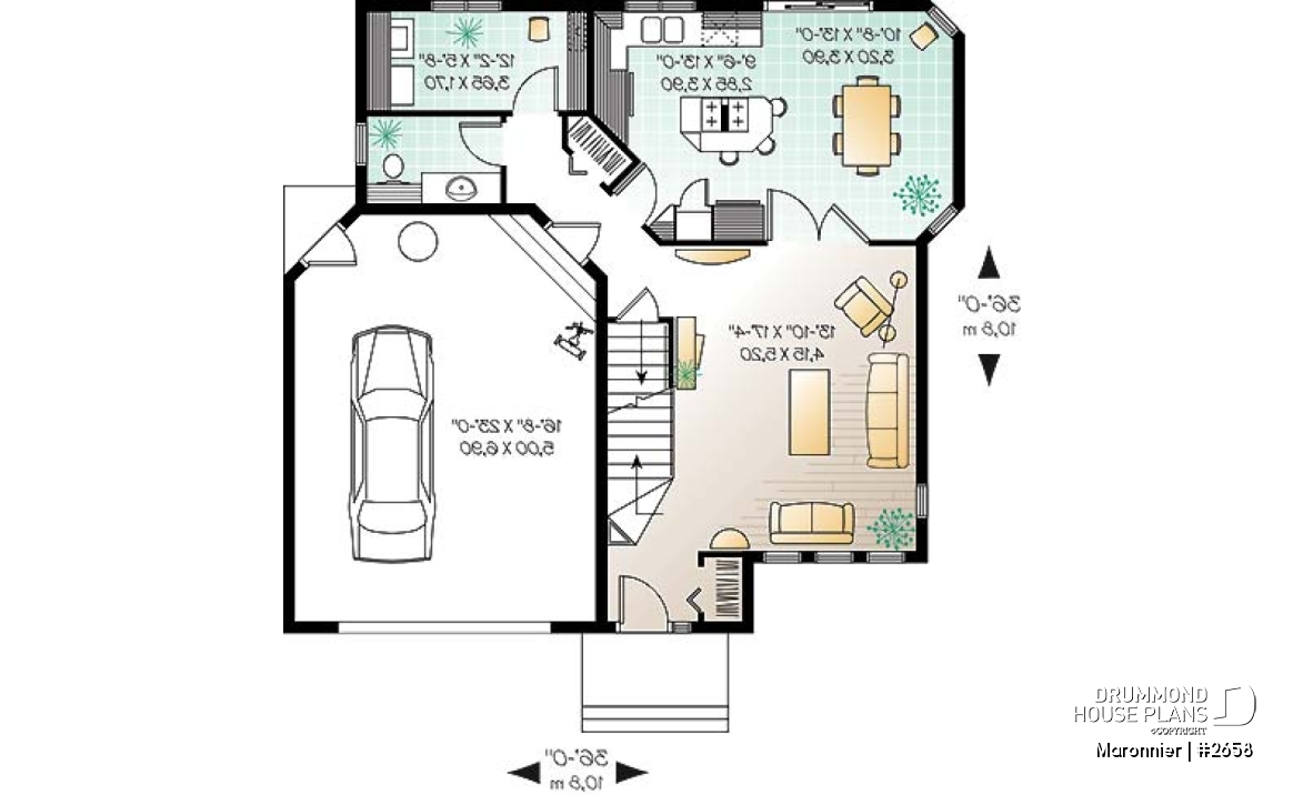1st level - 3 bedroom modern style house plan with 2-car garage, open floor plan - Maronnier