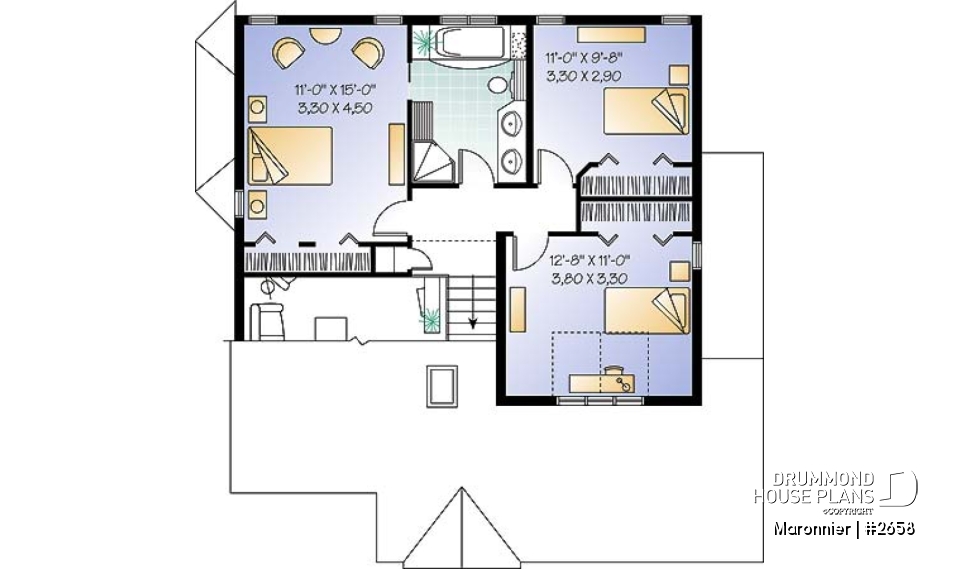 2nd level - 3 bedroom modern style house plan with 2-car garage, open floor plan - Maronnier