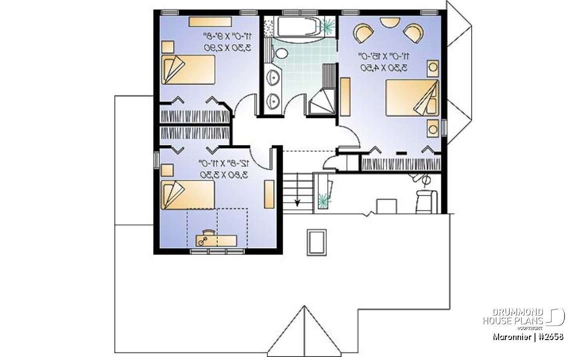 2nd level - 3 bedroom modern style house plan with 2-car garage, open floor plan - Maronnier