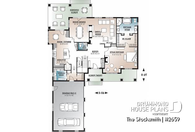 1st level - 4 to 5 beds, 4 bathroom modern farmhouse plan, 3-car garage, master suite w/ fireplace, bonus room, mezzanine - The Stocksmith