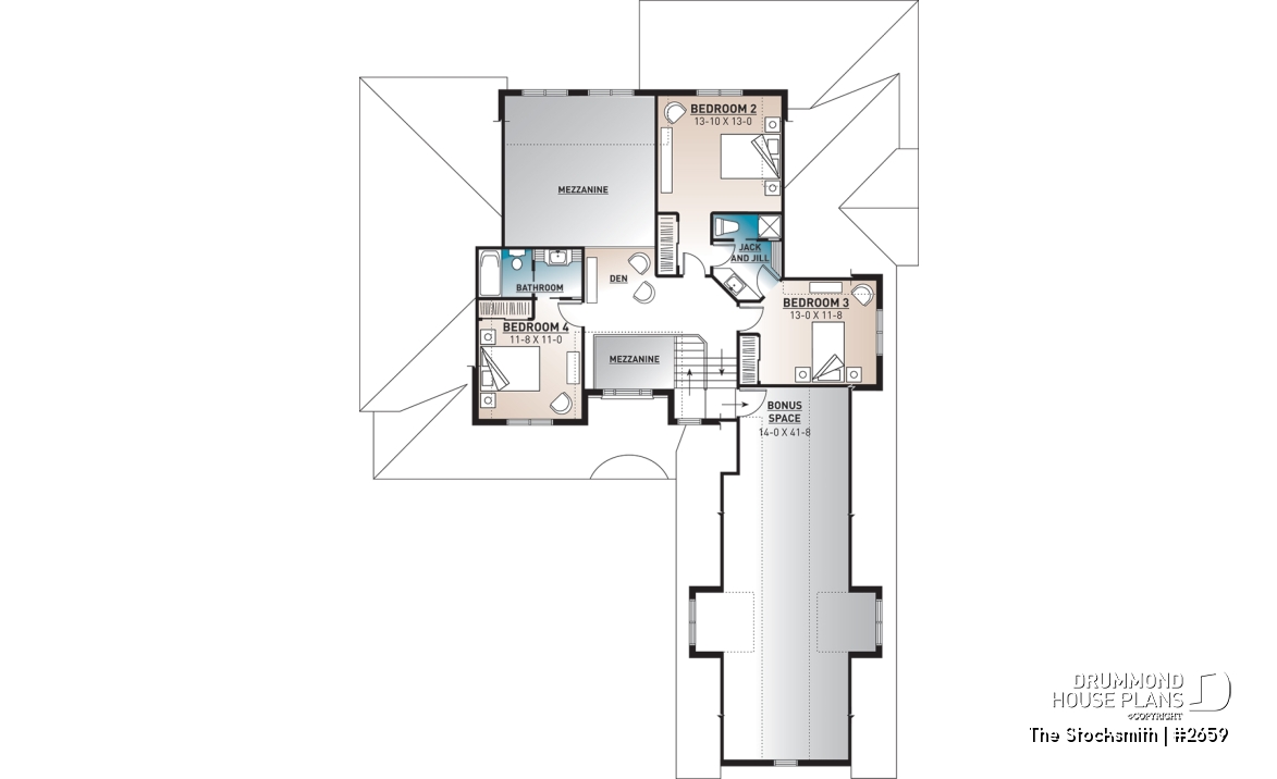 2nd level - 4 to 5 Beds, 4 Bathroom Modern Farmhouse Plan, 3-car garage, Master Suite w/Fireplace, Bonus Room Above Garage - The Stocksmith