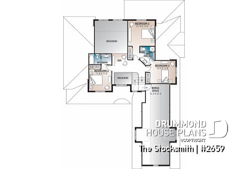 2nd level - 4 to 5 beds, 4 bathroom modern farmhouse plan, 3-car garage, master suite w/ fireplace, bonus room, mezzanine - The Stocksmith