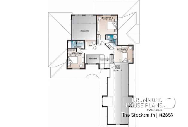 2nd level - 4 to 5 beds, 4 bathroom modern farmhouse plan, 3-car garage, master suite w/ fireplace, bonus room, mezzanine - The Stocksmith