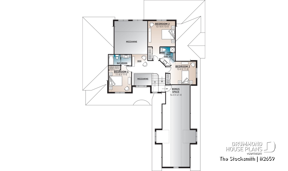 2nd level - 4 to 5 Beds, 4 Bathroom Modern Farmhouse Plan, 3-car garage, Master Suite w/Fireplace, Bonus Room Above Garage - The Stocksmith