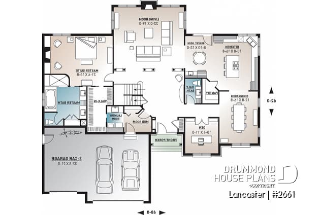 1st level - 3 to 4 bedroom American house plan, master bedroom on main floor, large kitchen, 3-car garage - Lancaster