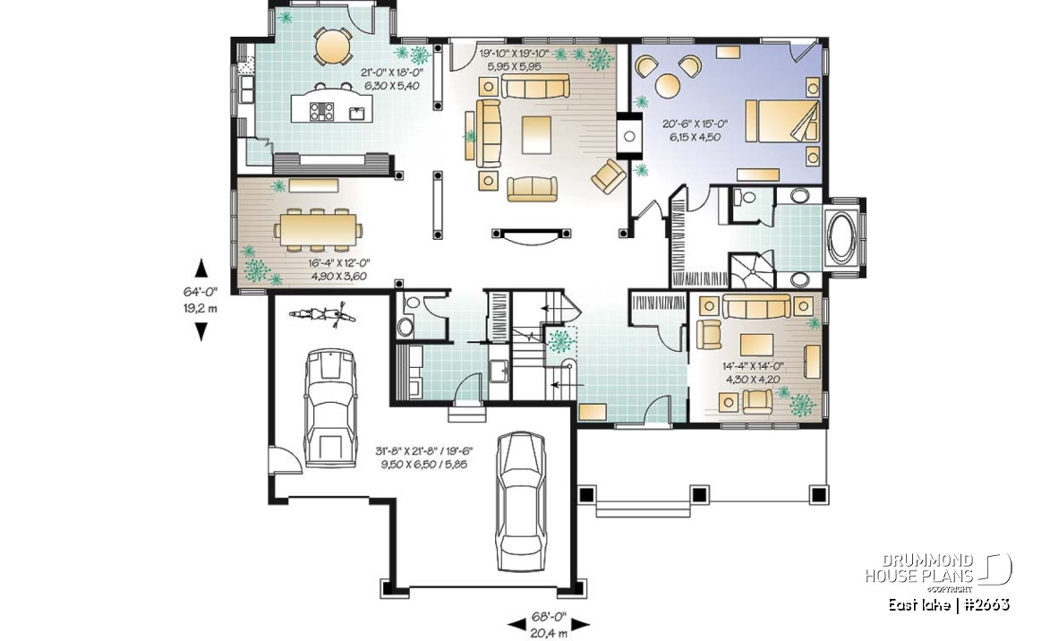 1st level - Beautiful Cap Cod style house plan, 4 to 5 bedrooms, 3-car garage, formal dining room, 3 living rooms - East lake