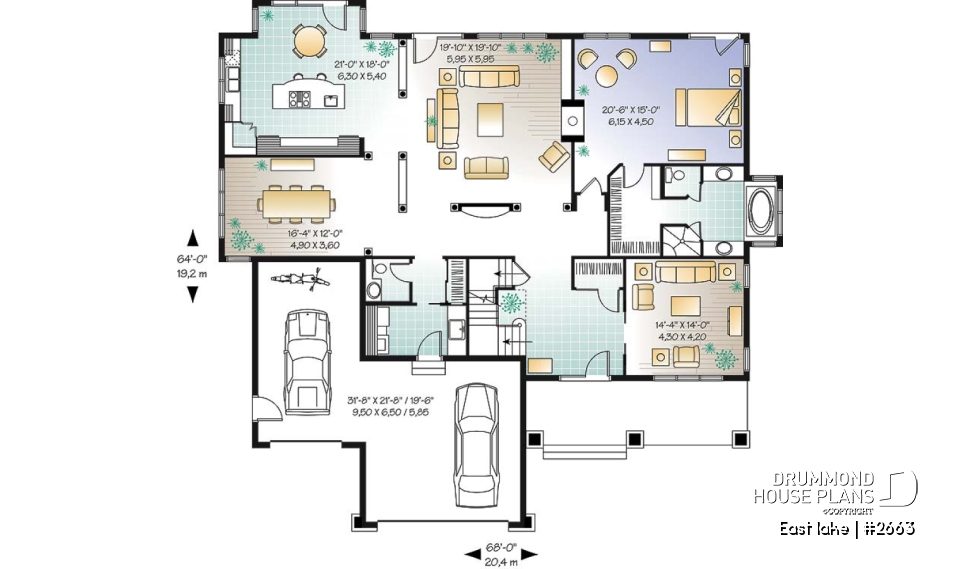 1st level - Beautiful Cap Cod style house plan, 4 to 5 bedrooms, 3-car garage, formal dining room, 3 living rooms - East lake