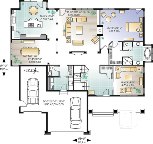 1st level - Beautiful Cap Cod style house plan, 4 to 5 bedrooms, 3-car garage, formal dining room, 3 living rooms - East lake
