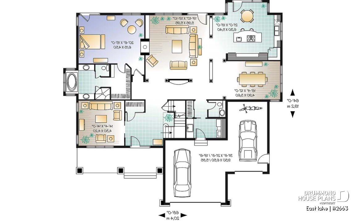 1st level - Beautiful Cap Cod style house plan, 4 to 5 bedrooms, 3-car garage, formal dining room, 3 living rooms - East lake