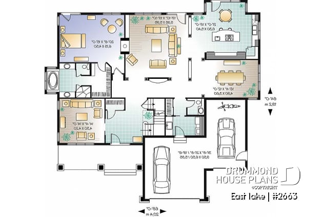 1st level - Beautiful Cap Cod style house plan, 4 to 5 bedrooms, 3-car garage, formal dining room, 3 living rooms - East lake