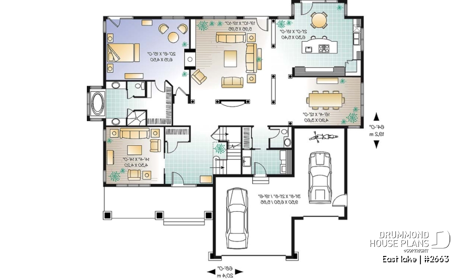1st level - Beautiful Cap Cod style house plan, 4 to 5 bedrooms, 3-car garage, formal dining room, 3 living rooms - East lake