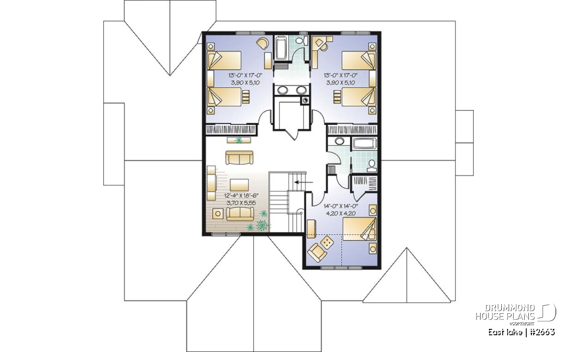 2nd level - Beautiful Cap Cod style house plan, 4 to 5 bedrooms, 3-car garage, formal dining room, 3 living rooms - East lake