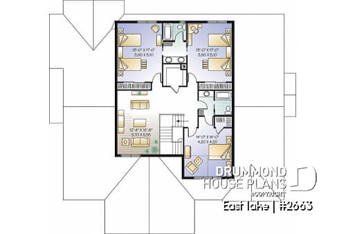 2nd level - Beautiful Cap Cod style house plan, 4 to 5 bedrooms, 3-car garage, formal dining room, 3 living rooms - East lake
