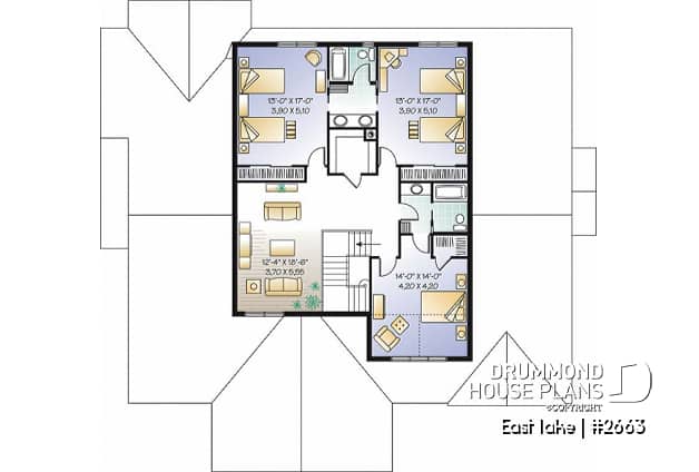 2nd level - Beautiful Cap Cod style house plan, 4 to 5 bedrooms, 3-car garage, formal dining room, 3 living rooms - East lake