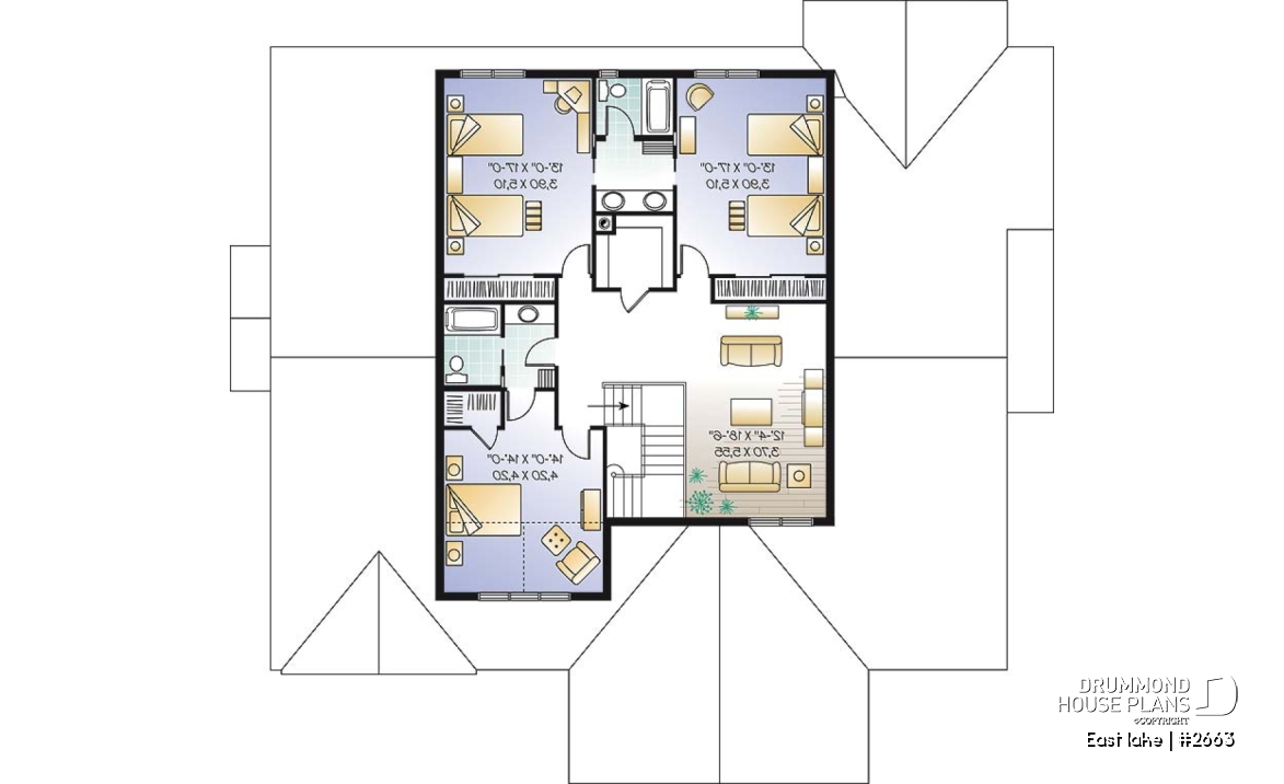 2nd level - Beautiful Cap Cod style house plan, 4 to 5 bedrooms, 3-car garage, formal dining room, 3 living rooms - East lake