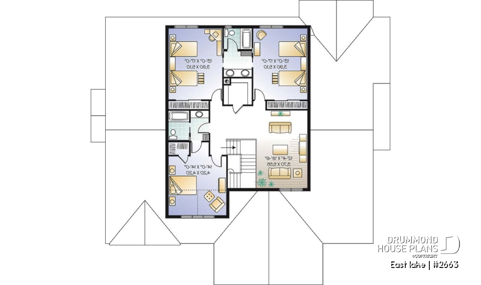 2nd level - Beautiful Cap Cod style house plan, 4 to 5 bedrooms, 3-car garage, formal dining room, 3 living rooms - East lake