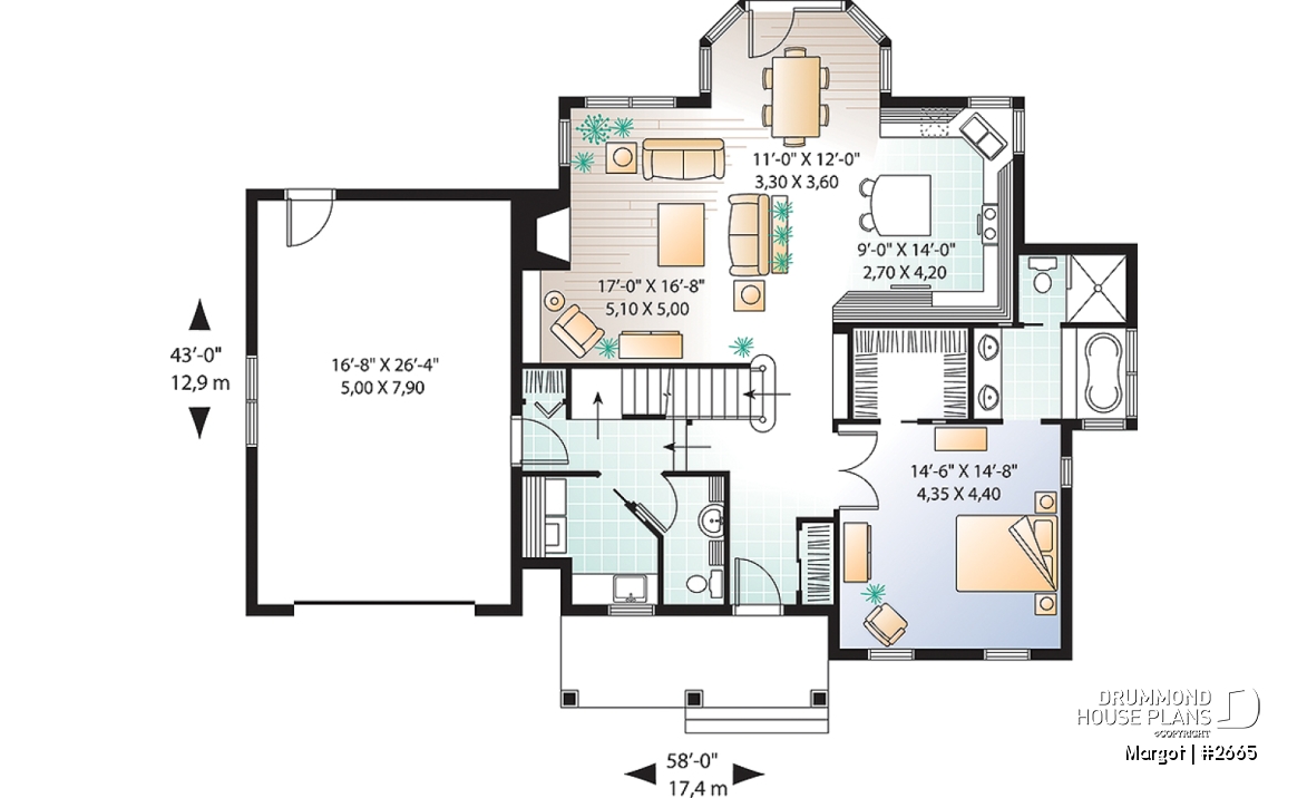 1st level - 4 bedrooms 3.5 bathrooms home plan, master suite, fireplace, lots of natural light in kitchen, garage - Margot
