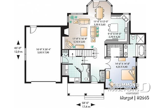 1st level - 4 bedrooms 3.5 bathrooms home plan, master suite, fireplace, lots of natural light in kitchen, garage - Margot