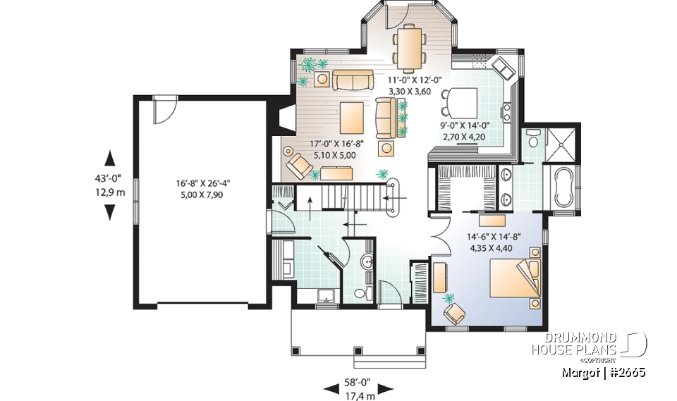 1st level - 4 bedrooms 3.5 bathrooms home plan, master suite, fireplace, lots of natural light in kitchen, garage - Margot