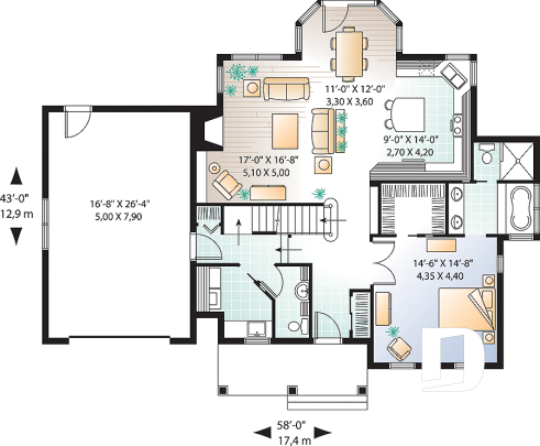 1st level - 4 bedrooms 3.5 bathrooms home plan, master suite, fireplace, lots of natural light in kitchen, garage - Margot
