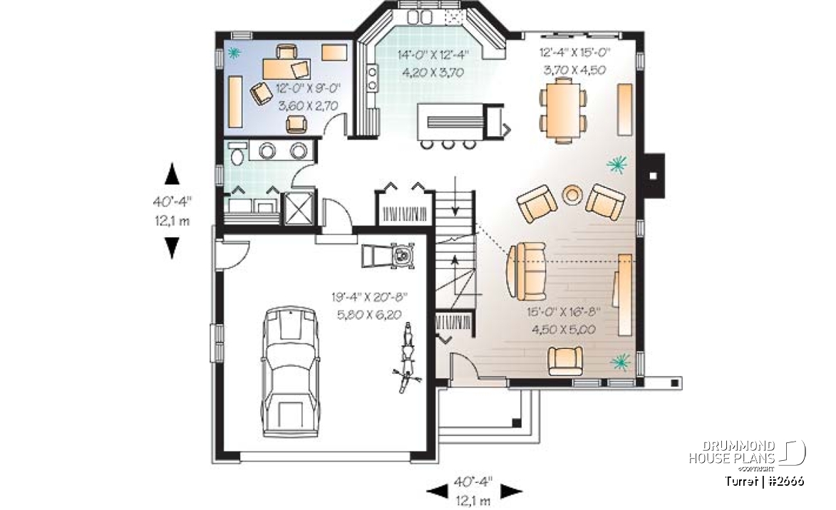 1st level - Modern 3 bedroom home plan, den, mezzanine, open floor plan, kitchen island - Turret