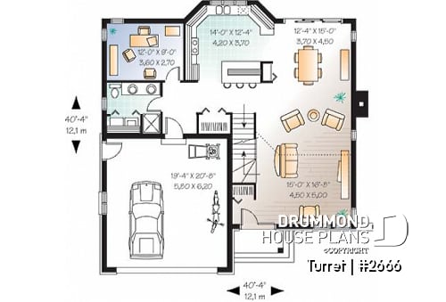 1st level - Modern 3 bedroom home plan, den, mezzanine, open floor plan, kitchen island - Turret