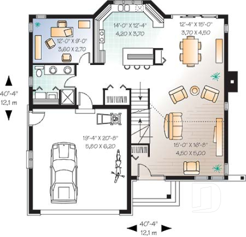 1st level - Modern 3 bedroom home plan, den, mezzanine, open floor plan, kitchen island - Turret