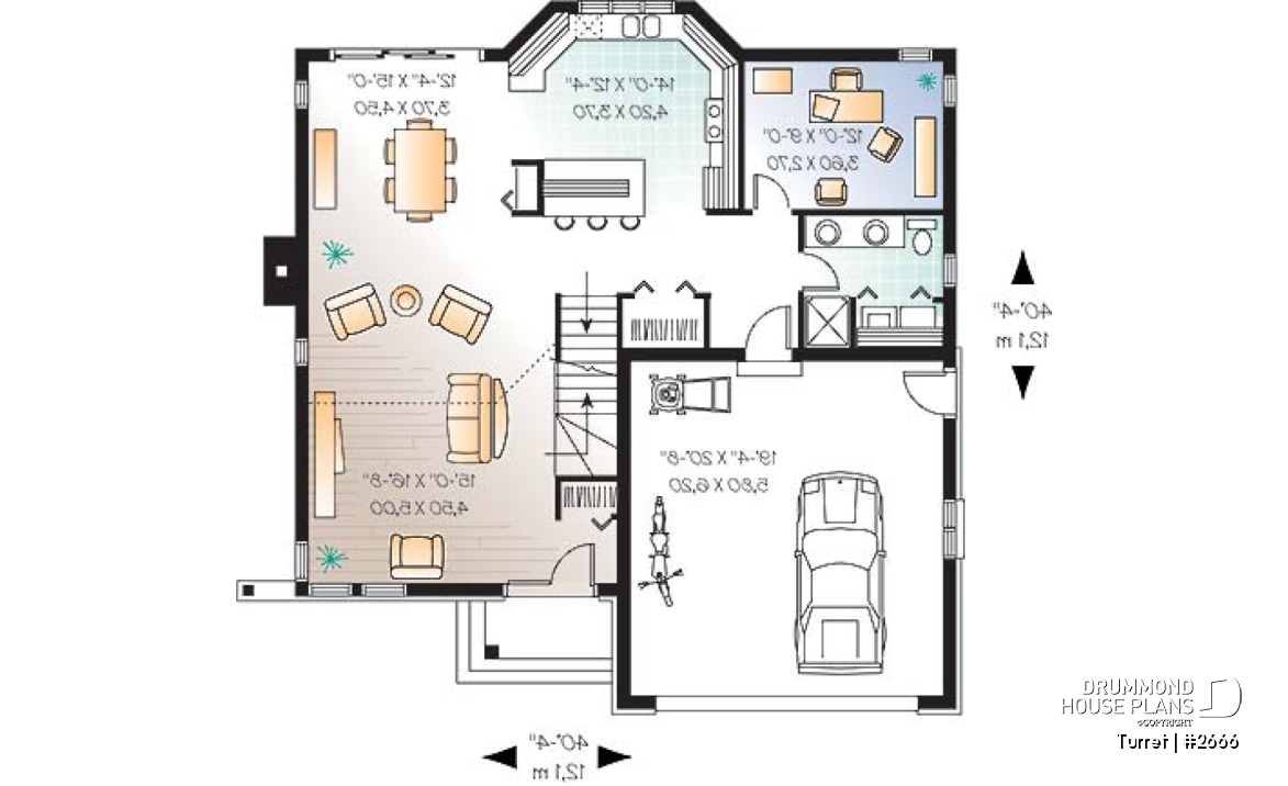 1st level - Modern 3 bedroom home plan, den, mezzanine, open floor plan, kitchen island - Turret