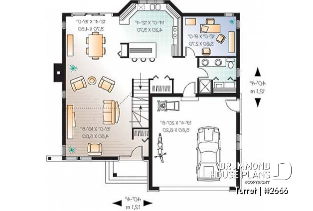 1st level - Modern 3 bedroom home plan, den, mezzanine, open floor plan, kitchen island - Turret