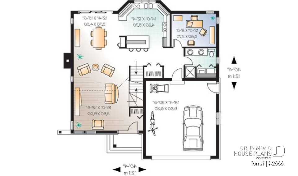 1st level - Modern 3 bedroom home plan, den, mezzanine, open floor plan, kitchen island - Turret