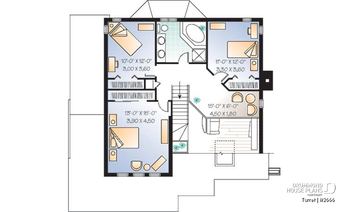 2nd level - Modern 3 bedroom home plan, den, mezzanine, open floor plan, kitchen island - Turret
